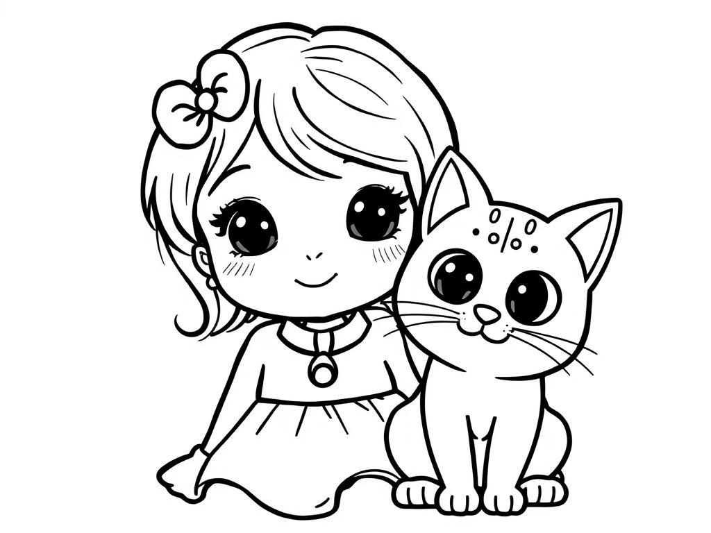 Girl with Cat Coloring Page