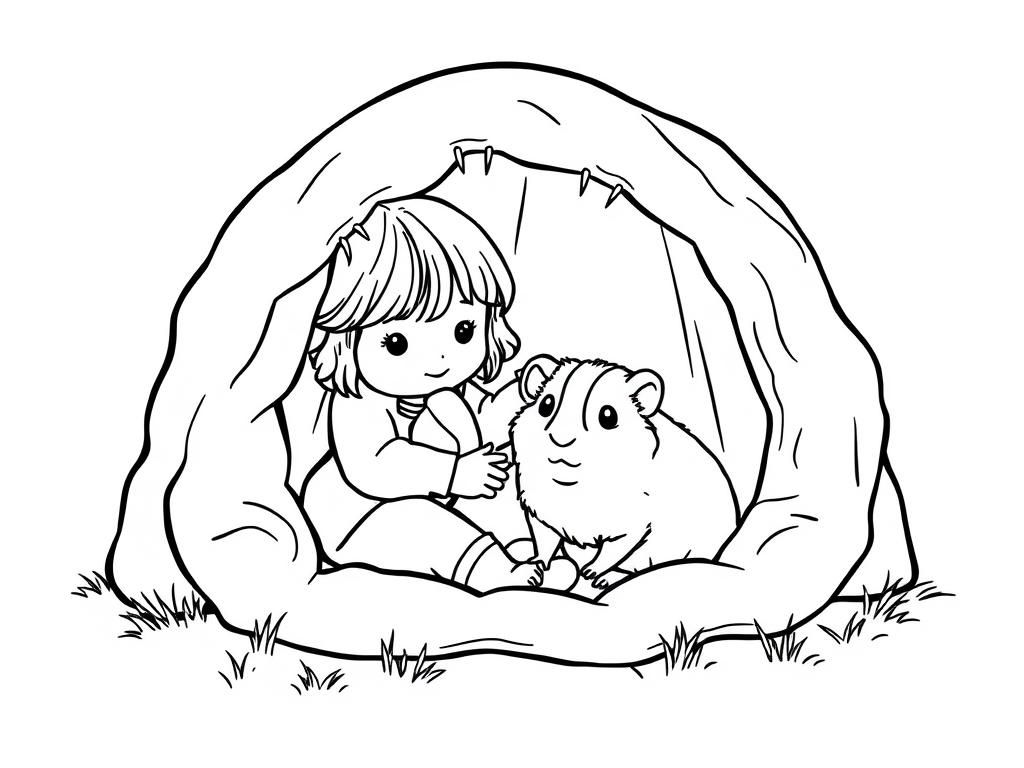 Kleurplaat meisje en cavia in tent