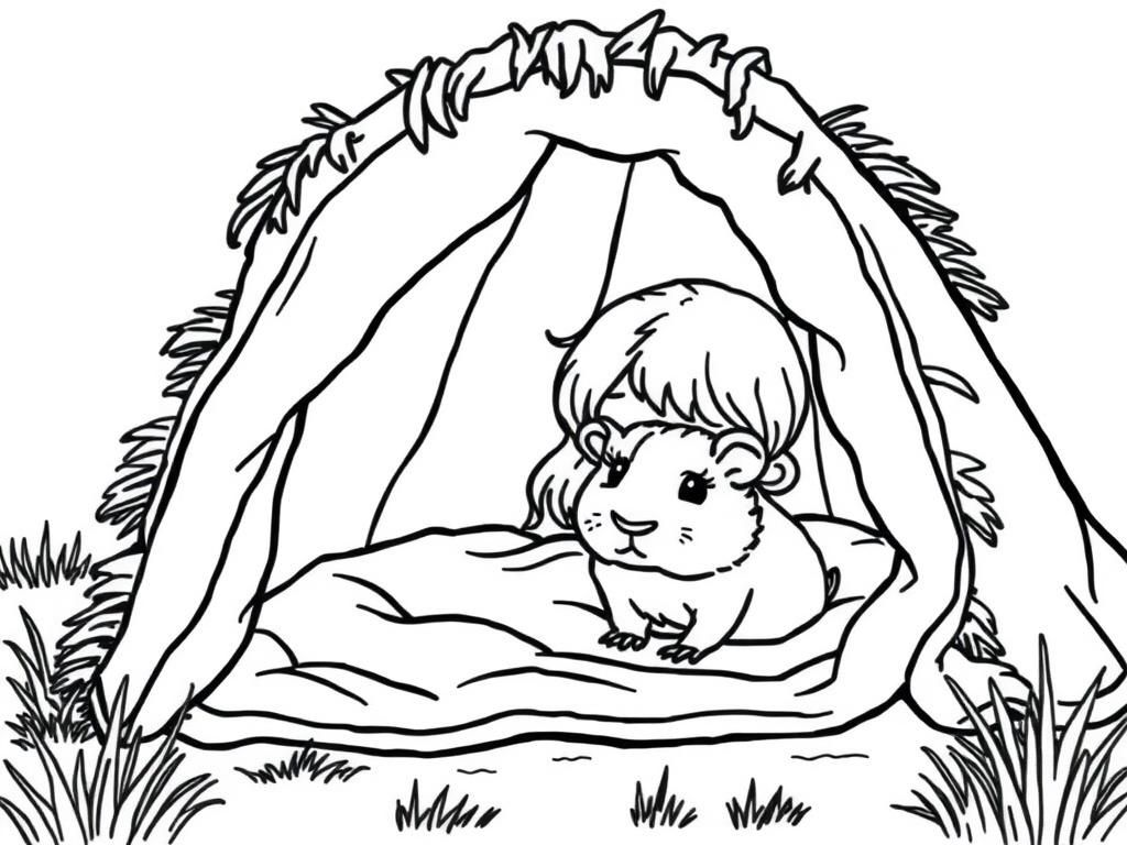 little girl and guinea pig in a blanket fort - Free Printable Coloring Page