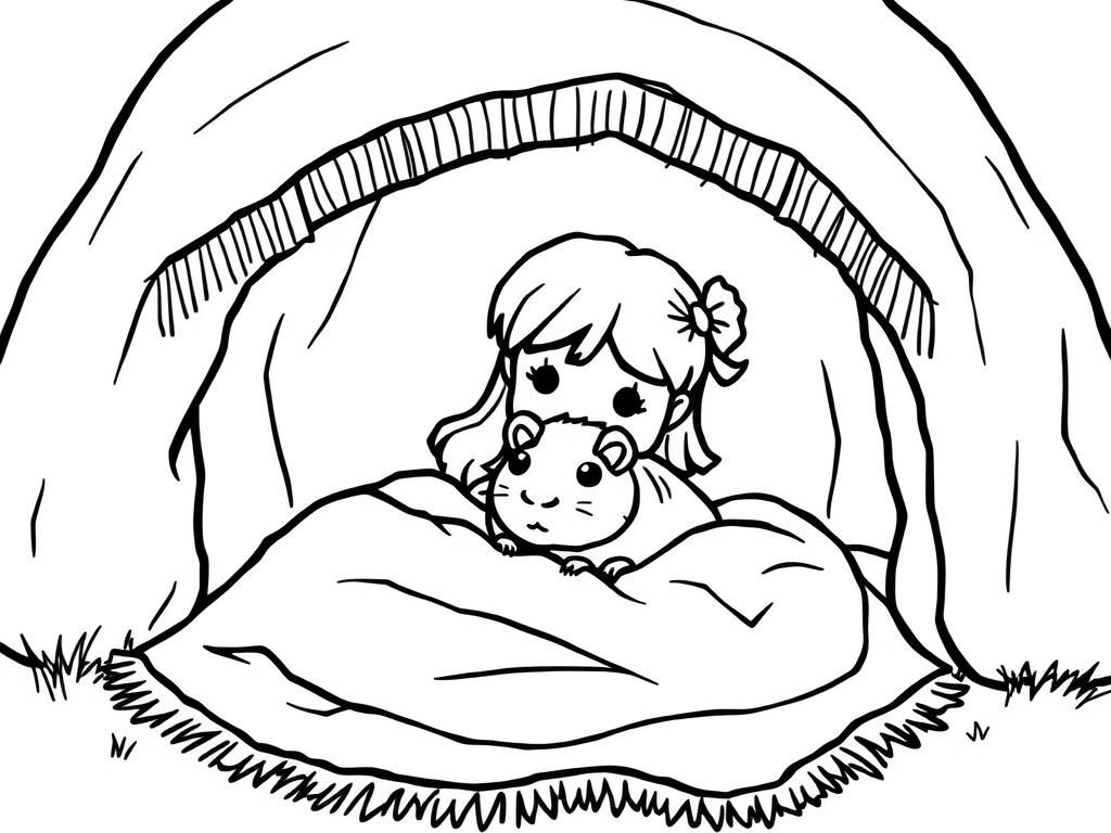 little girl and guinea pig in a blanket fort