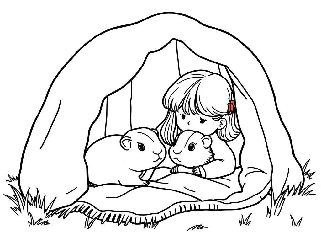 little girl and guinea pig in a blanket fort