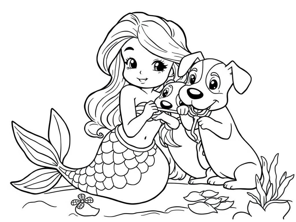 Mermaid and Dog Coloring Page