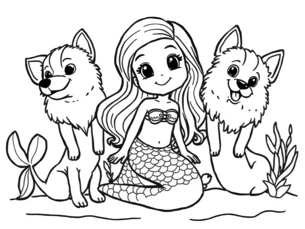 Mermaid with Dogs Coloring Page