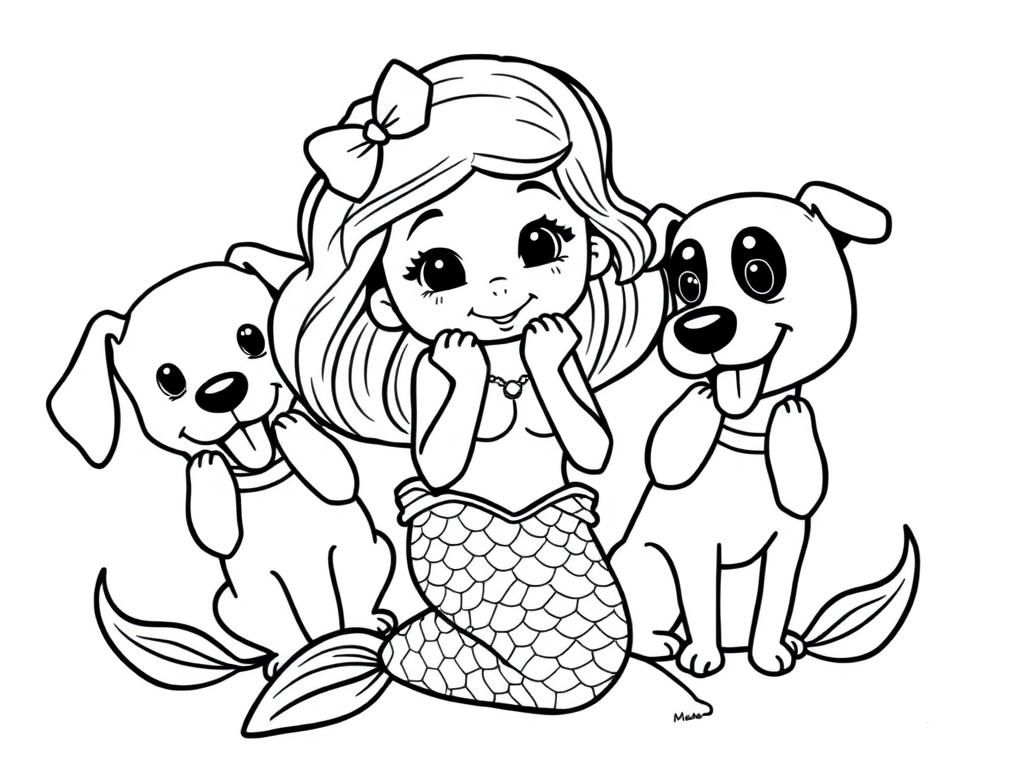 Mermaid with Dogs Coloring Page