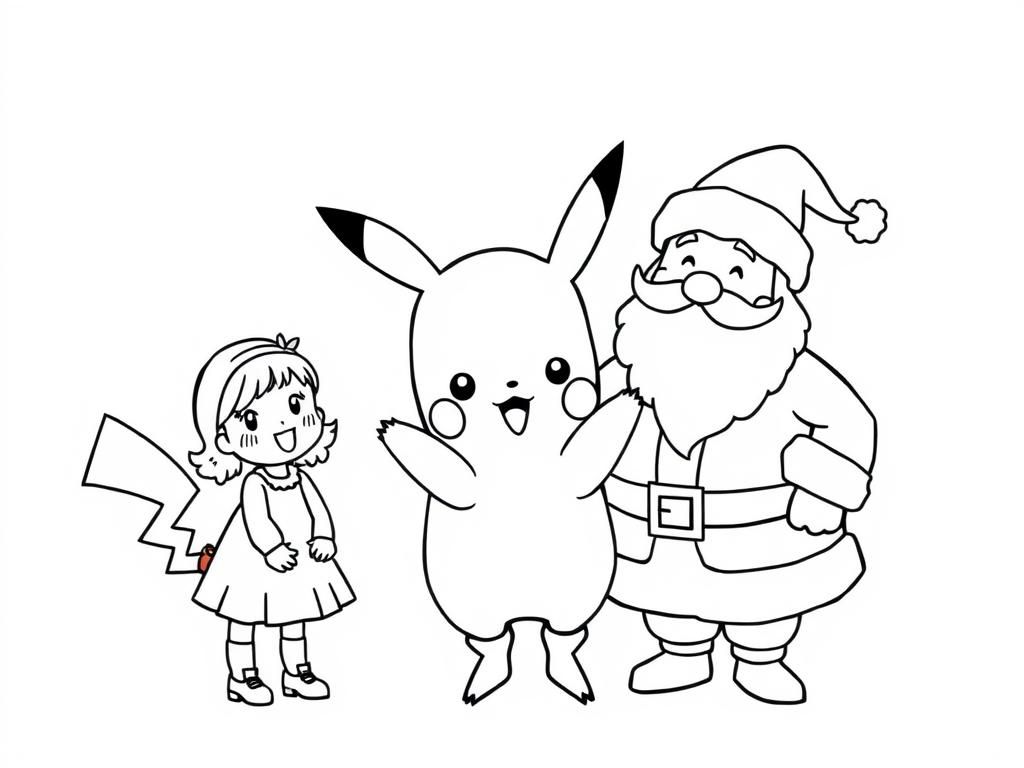 Kleurplaat van Pikachu die de Kerstman ontmoet