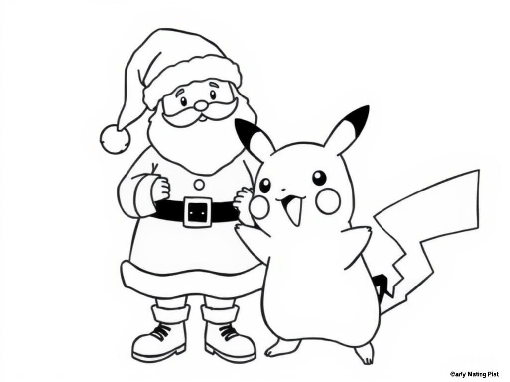 Santa and Pikachu Christmas Coloring Page
