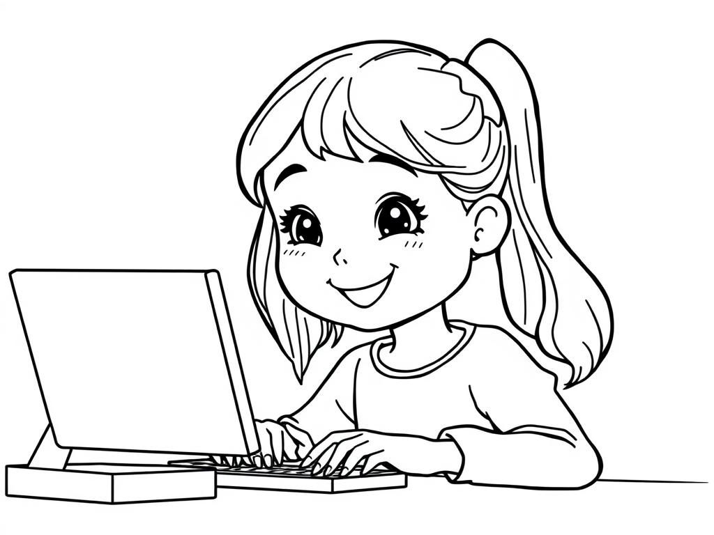 Girl Using Laptop Coloring Page