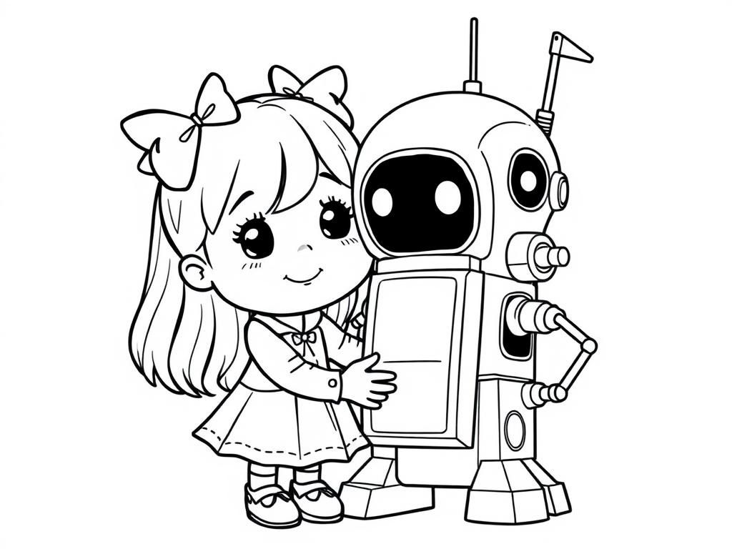 Girl and Robot Friends Coloring Page