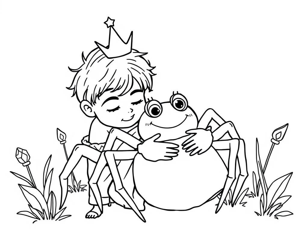Coloring Page of a Boy and Frog in a Garden