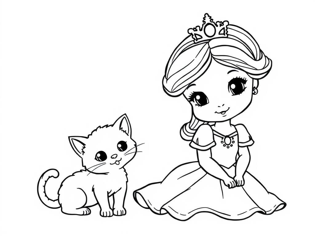 Princess and Cat Coloring Page