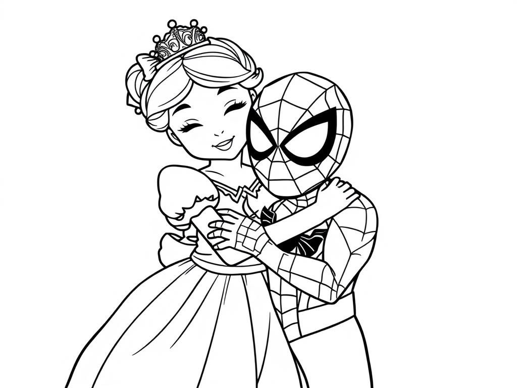 Cinderella and Spiderman Disney Princess Coloring Page