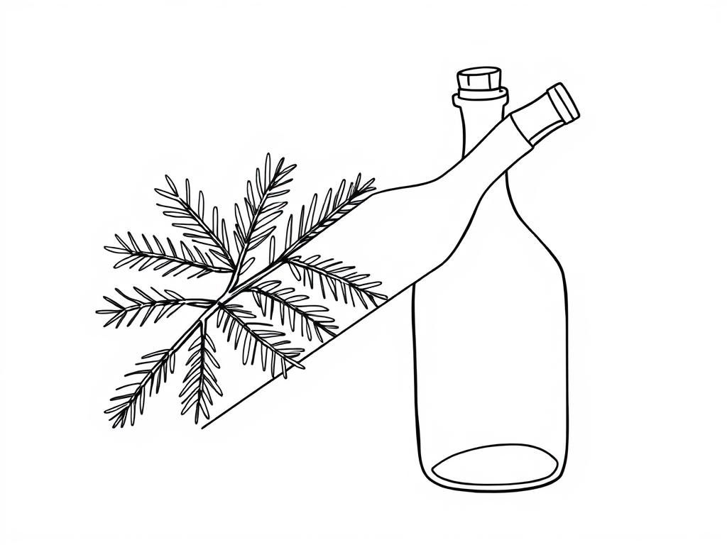 Preview of long and thin wine bottle with cork and ful of pine needles without branch part