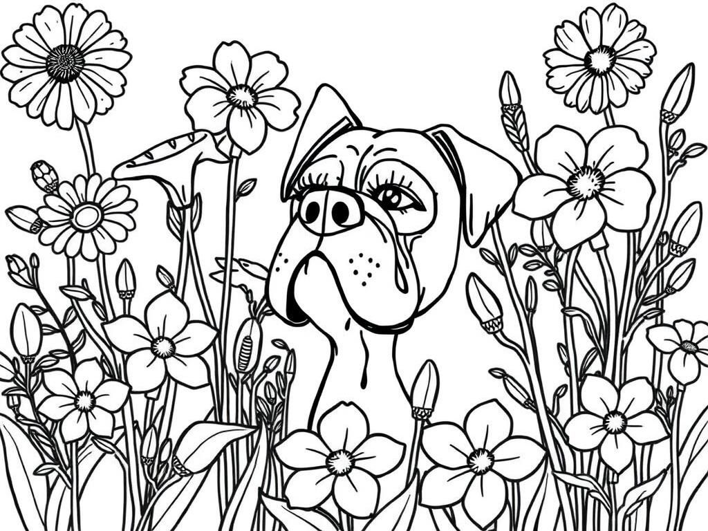 Dog in Flowers Coloring Page