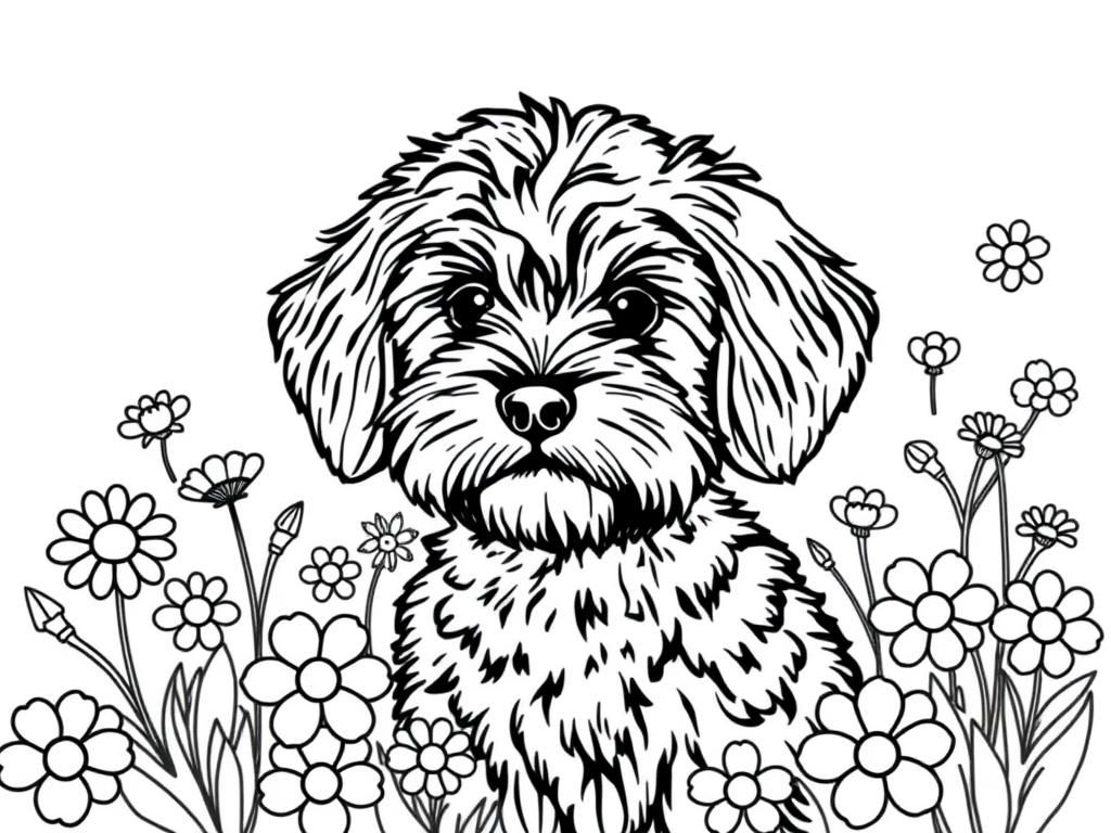 Dog Coloring Page - Whimsical Garden Scene