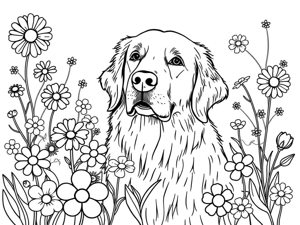 Dog with Wildflowers Coloring Page