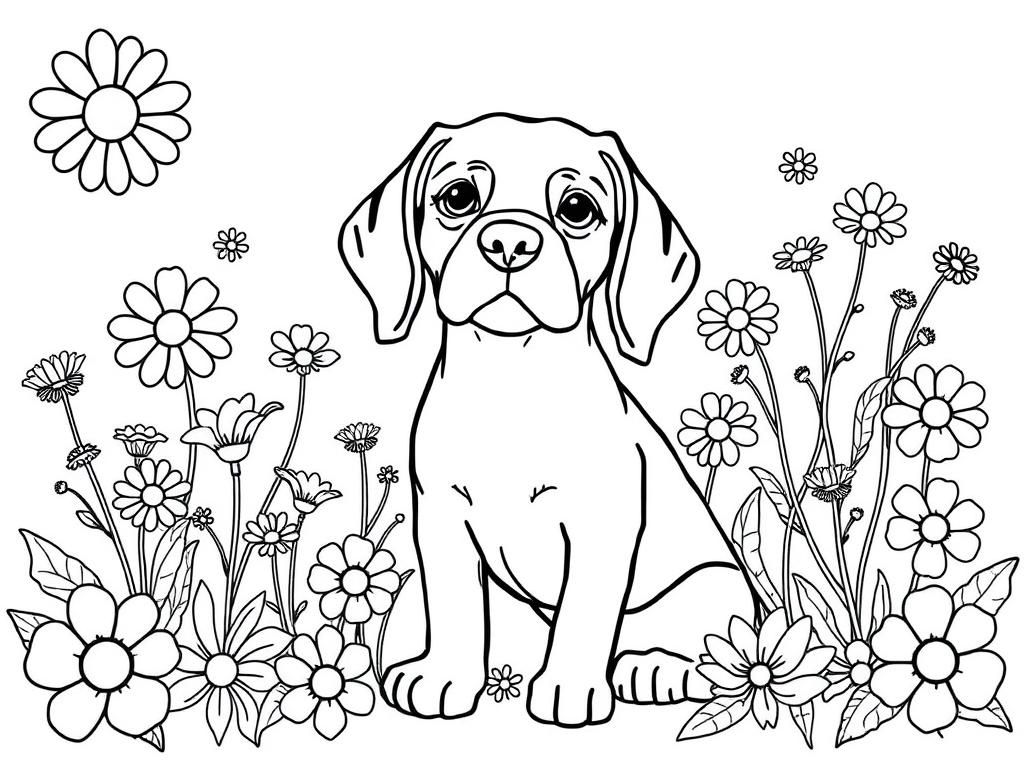 Coloring Page of a Puppy in a Flower Garden