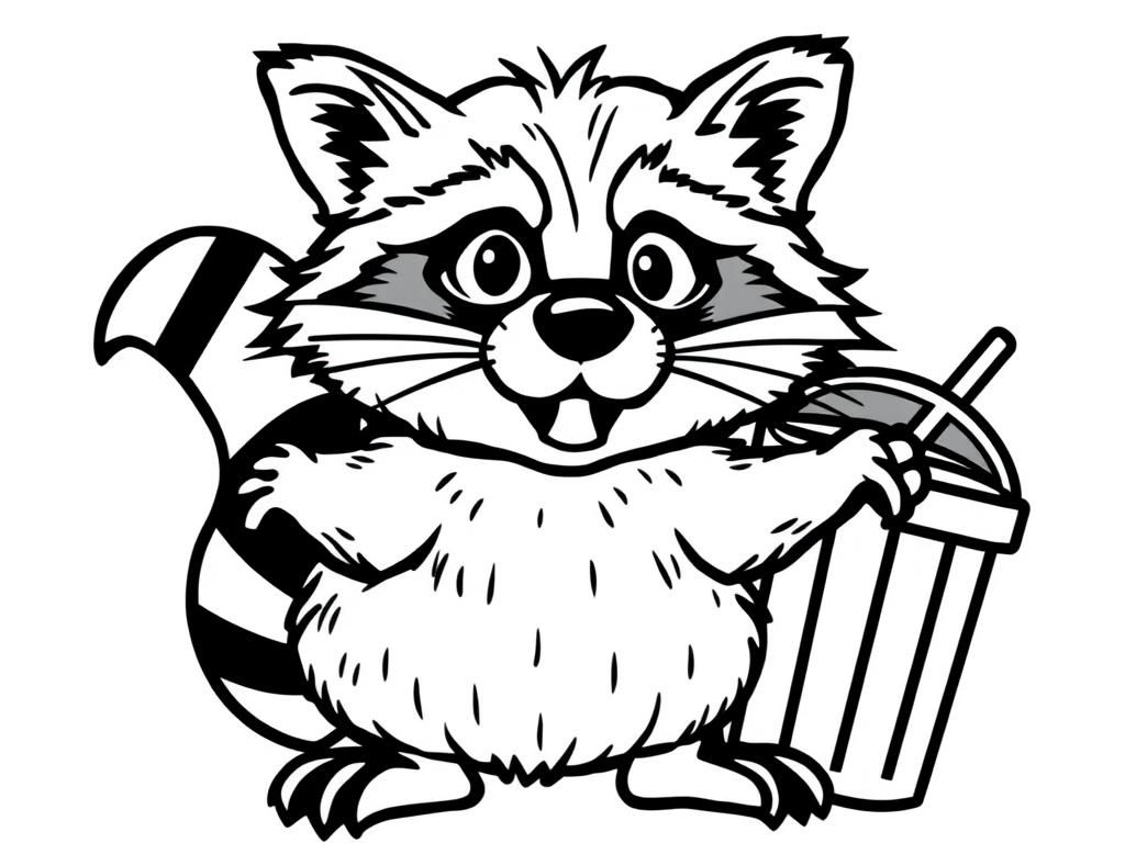 Raccoon Holding Trash Can Coloring Page