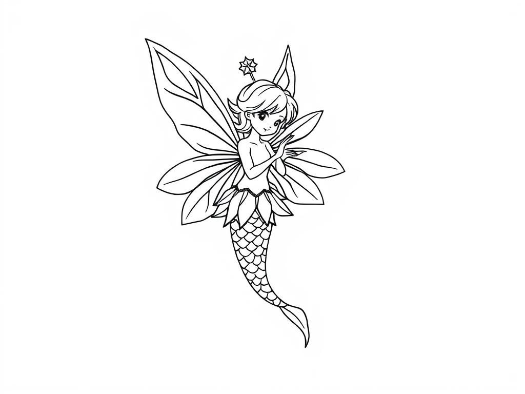 Magic fairy with big beautiful wings and mermaid tail with scales, - Free Printable Coloring Page