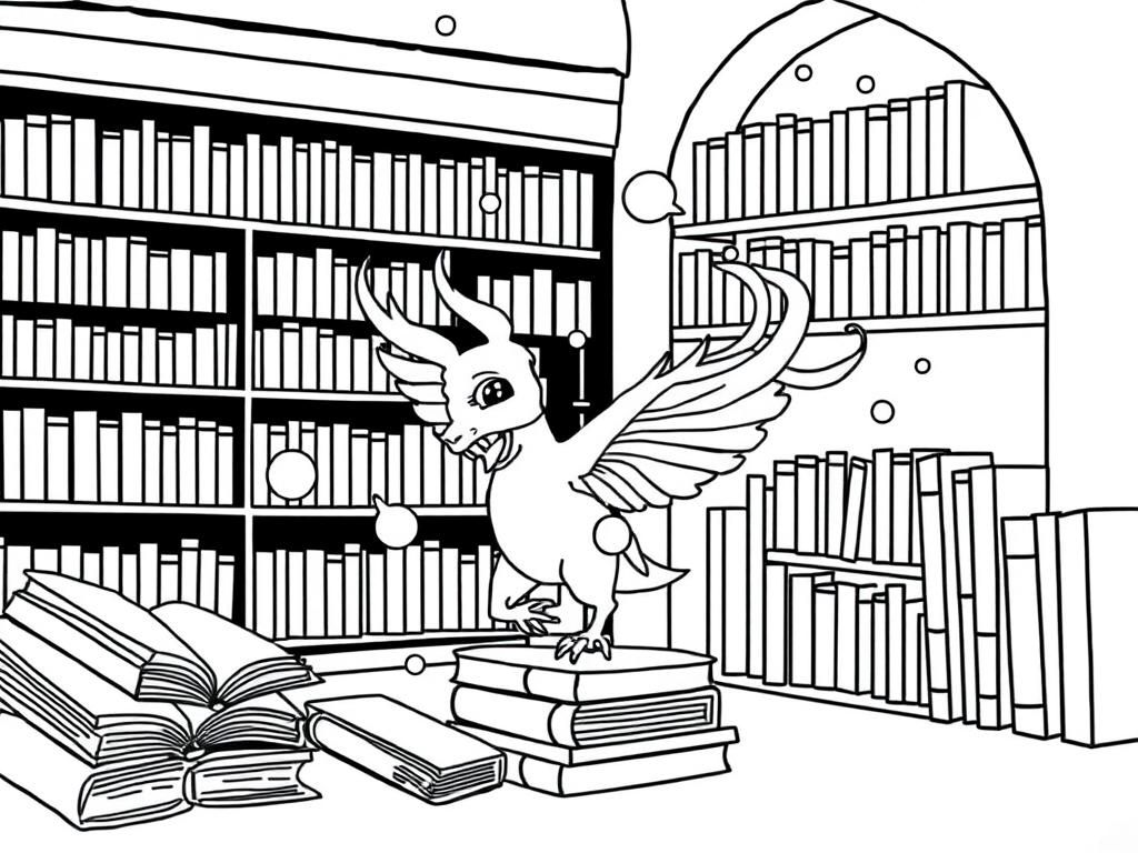 Dragon in a Library Coloring Page