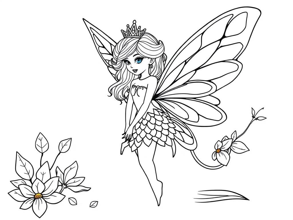 Magical princess fairy with scales and big beautiful wing, - Free Printable Coloring Page