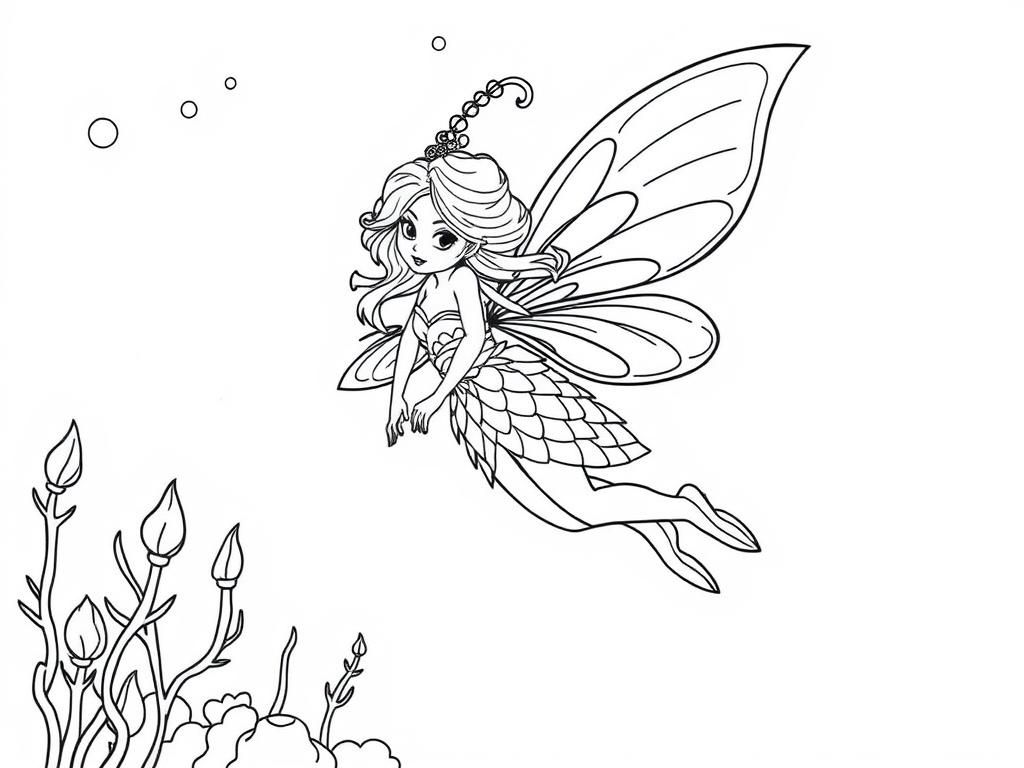 Magical princess fairy with scales and big beautiful wings swimming underwater - Free Printable Coloring Page