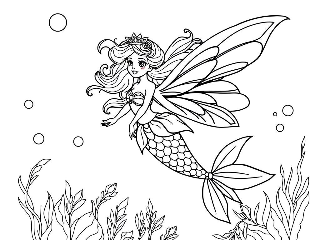 Magical princess mermaid fairy with scales and big beautiful wings swimming underwater - Free Printable Coloring Page