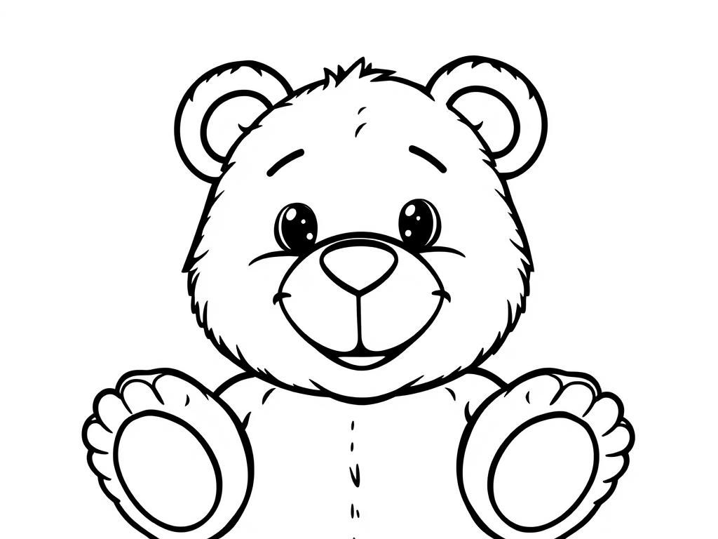 Make a cheerful teddy bear coloring page with black contour lines on a white background. - Free Printable Coloring Page