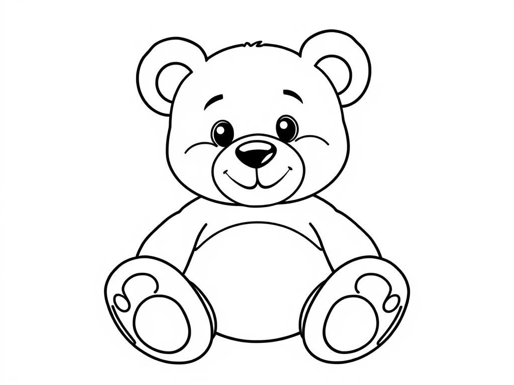 Make a cute cheerful teddy bear coloring page with black contour lines on a white background. - Free Printable Coloring Page