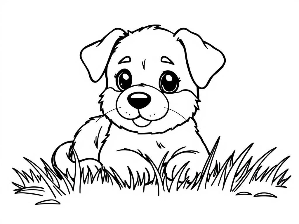 Coloring Page of a Happy Puppy in the Grass