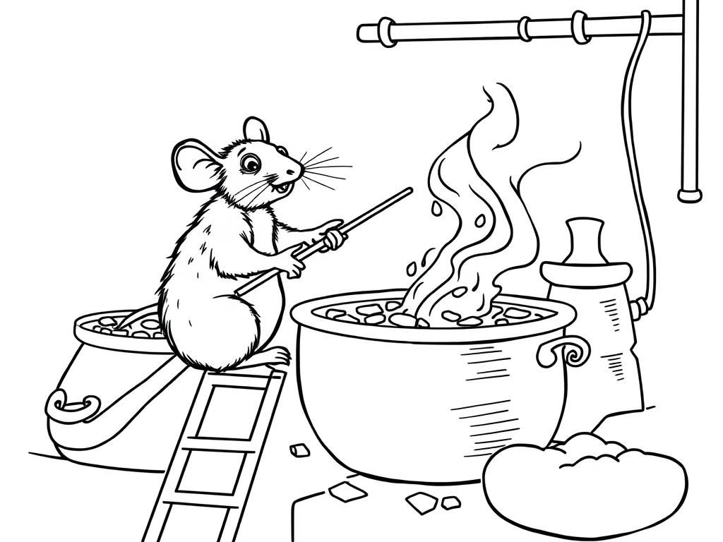 make a rat in a factory on scaffolding stirring a large pot stew. and a spiket comeout of the large pot and makeing meat