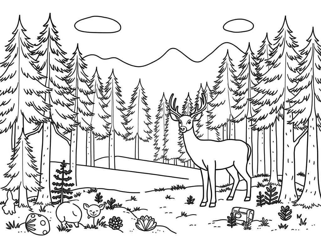 Coloring Page of a Deer in the Forest