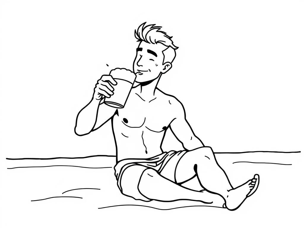 Man on Beach Drinking Coloring Page