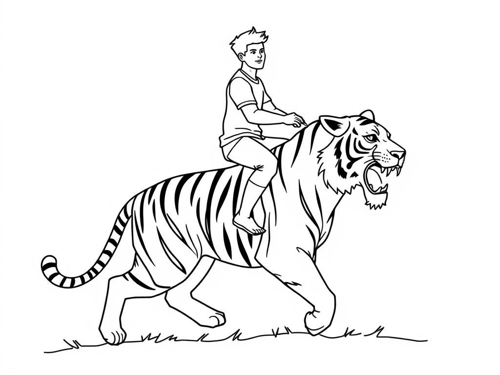Boy Riding Tiger Coloring Page