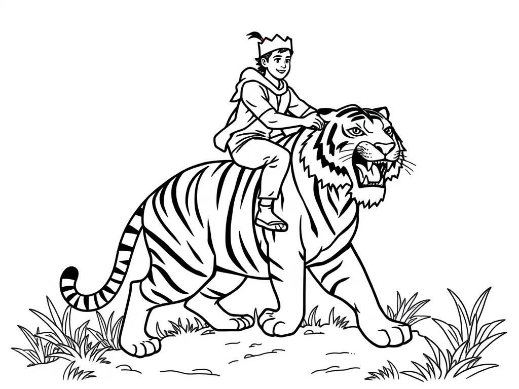 Boy Riding Tiger Coloring Page