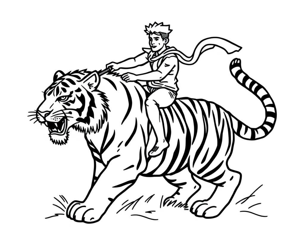 Boy Riding Tiger Coloring Page