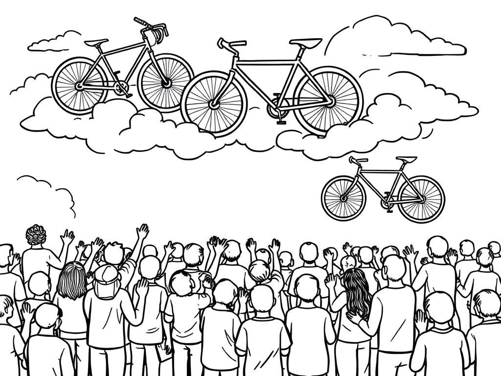 Preview of many people praying to more than one bicycles in the clouds like god