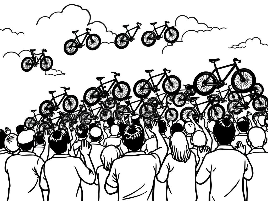 many people praying to numerous bicycles in the clouds like god