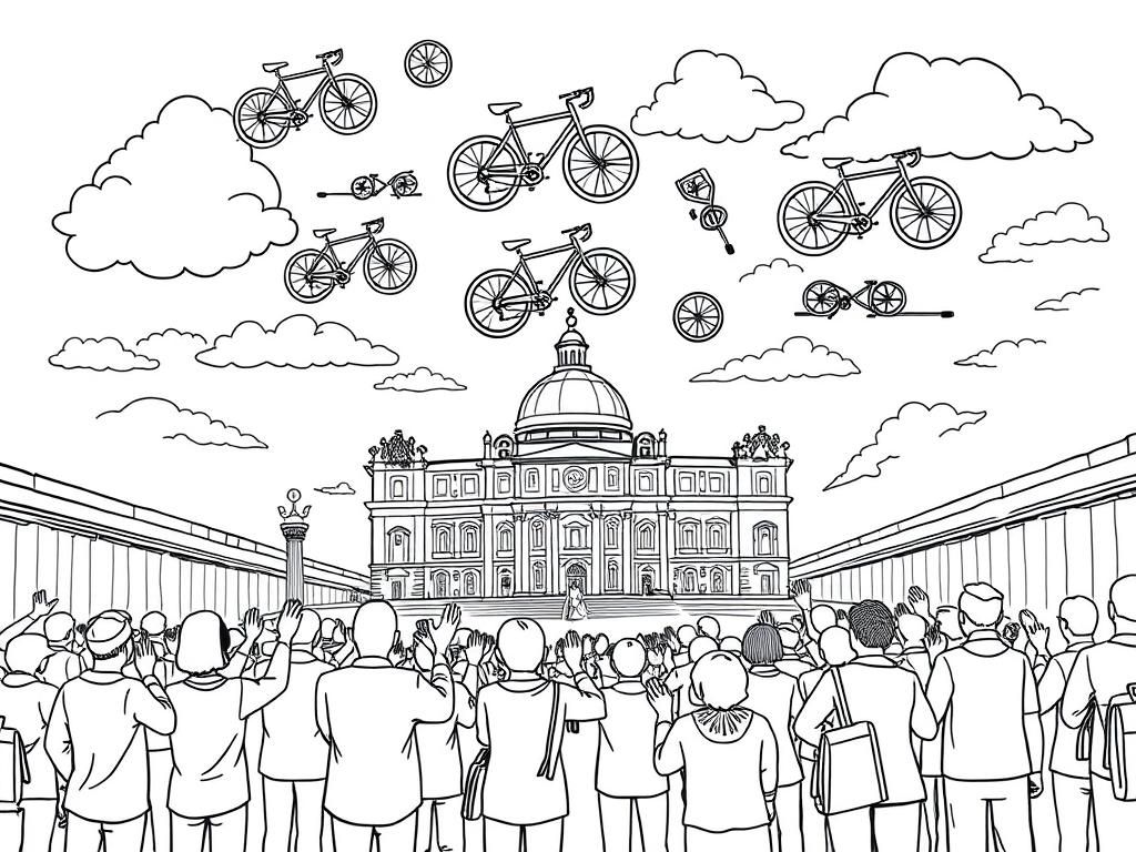 many people praying to numerous bicycles in the clouds like god in the vatican italy