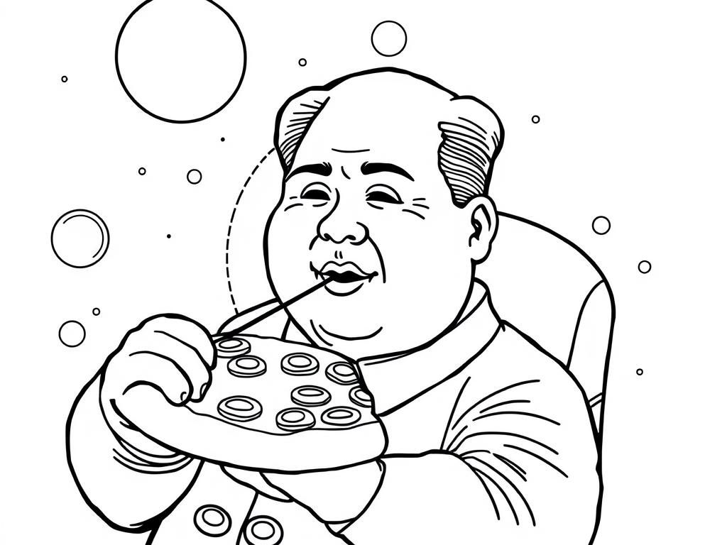 Mao eating a pizza in space - Free Printable Coloring Page