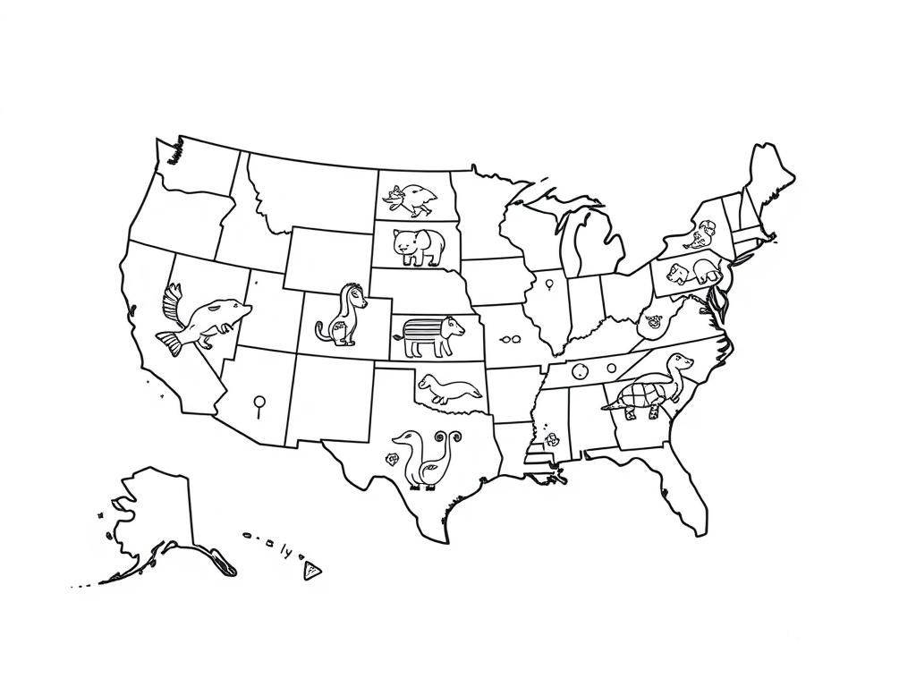 Map of the United States of America with every state containing a different animal - Free Printable Coloring Page