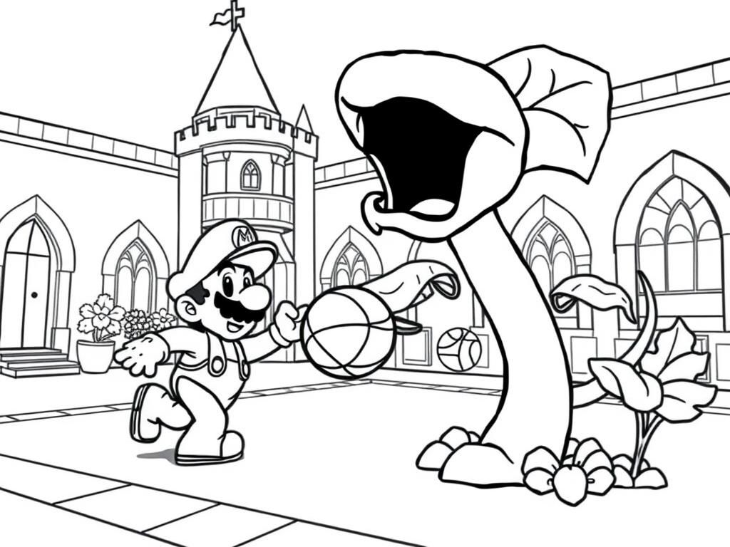 Preview of Mario and a piranha plant playing basketball in the courtyard of peaches castle