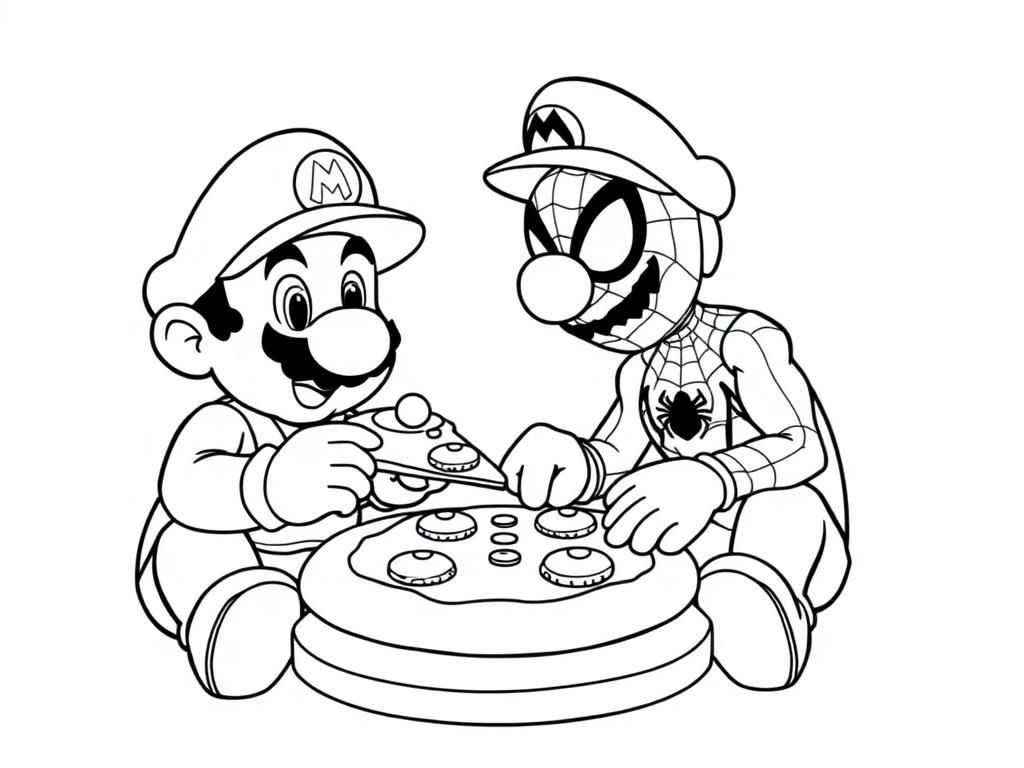 mario and luigi eating pizza with spiderman - Free Printable Coloring Page