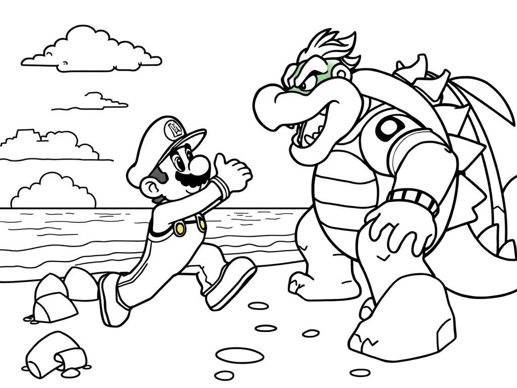 Mario and Bowser Beach Coloring Page