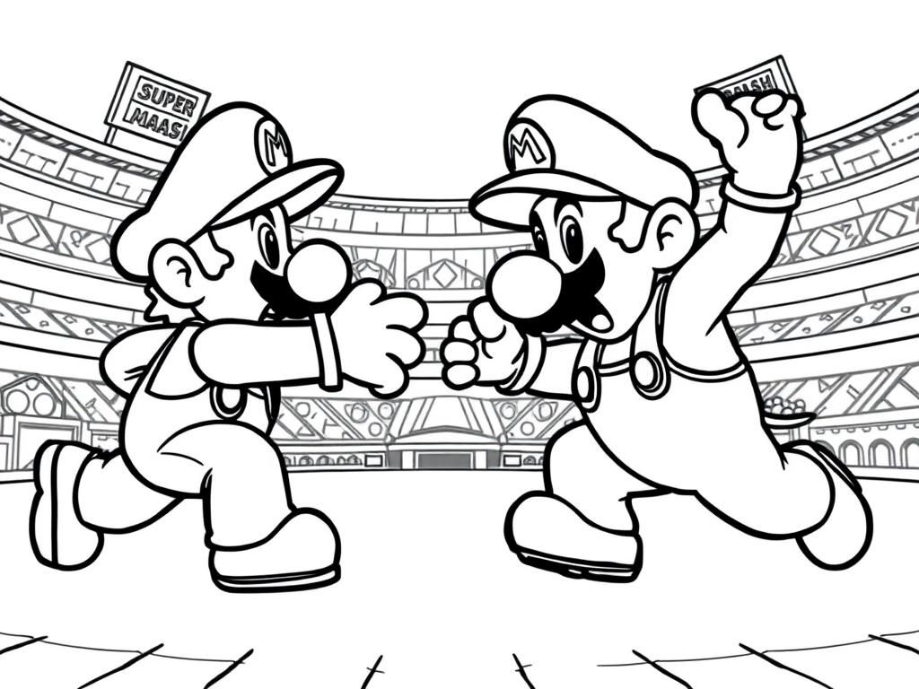 Preview of Mario and Luigi fighting in a super Mario smash stadium