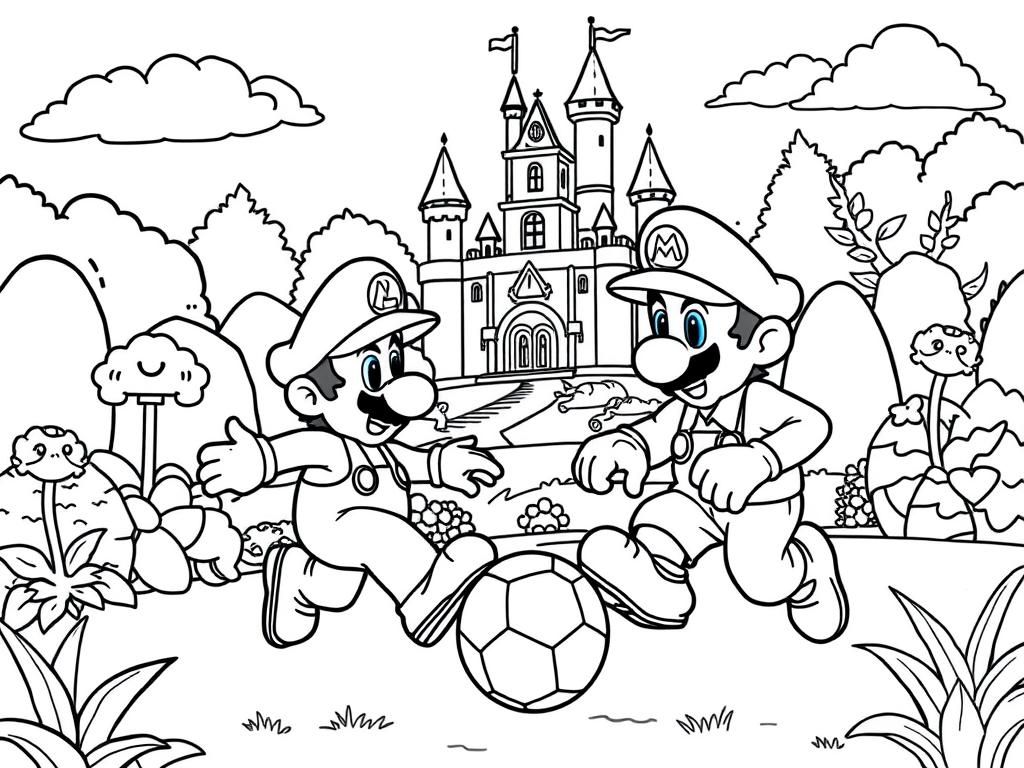 Preview of mario and luigi playing football in a garden in front of peaches castle