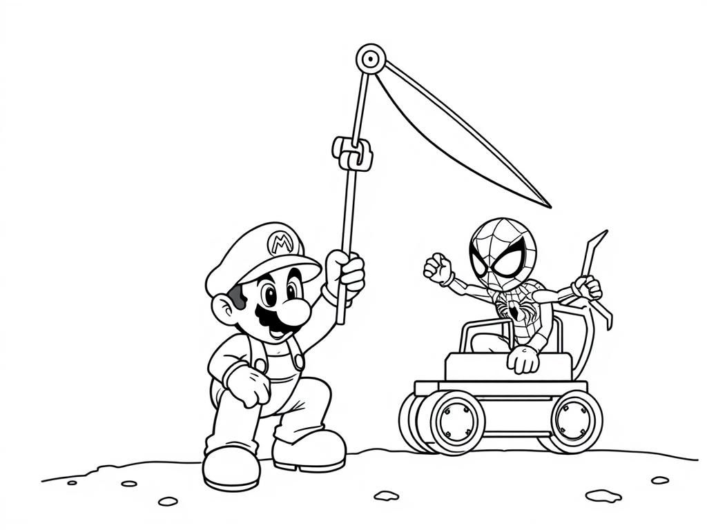 mario and spiderman playing with a toy crane