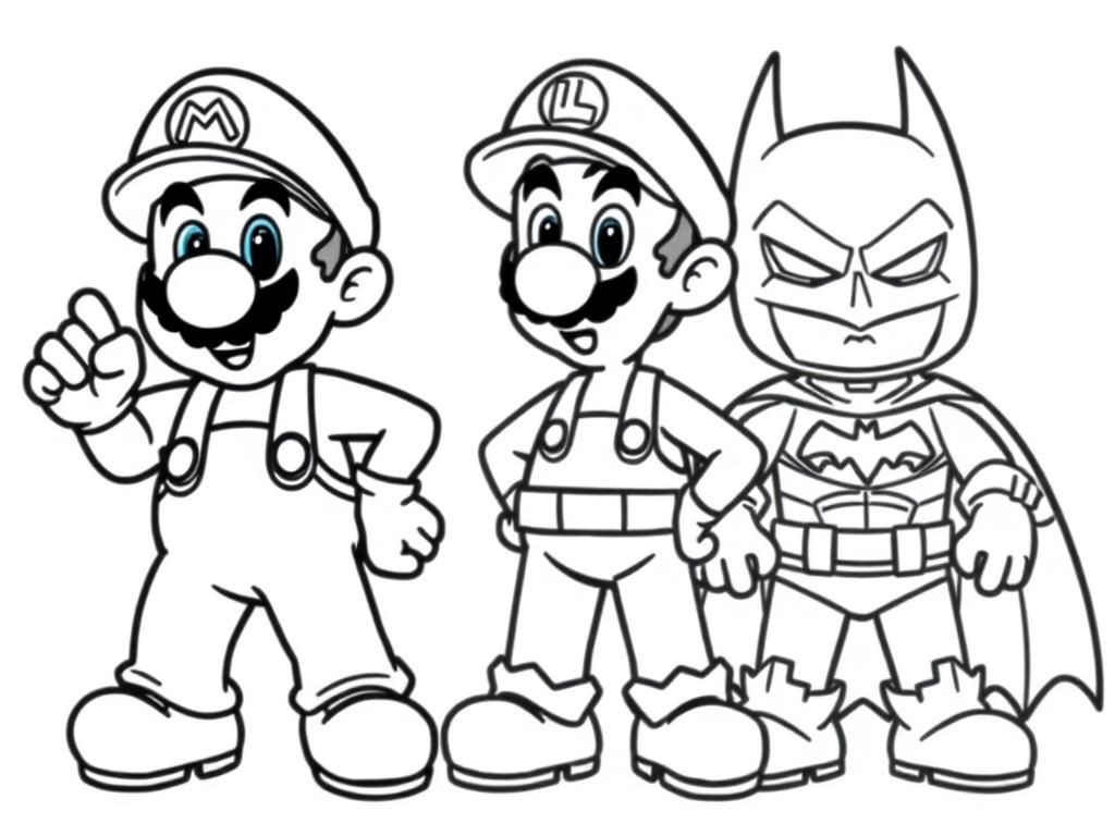 Mario, Luigi, and Batman Coloring Page