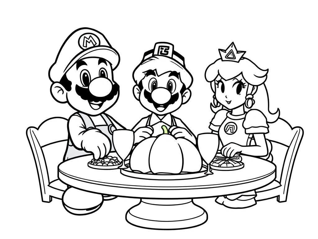 Mario, Luigi, and Peach at thanksgiving dinner table - Free Printable Coloring Page