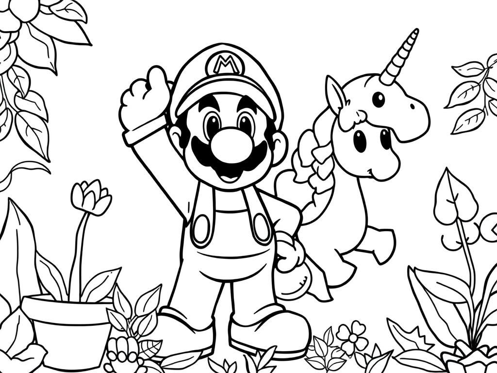 mario, luigi, batman, unicorn among plants - Free Printable Coloring Page