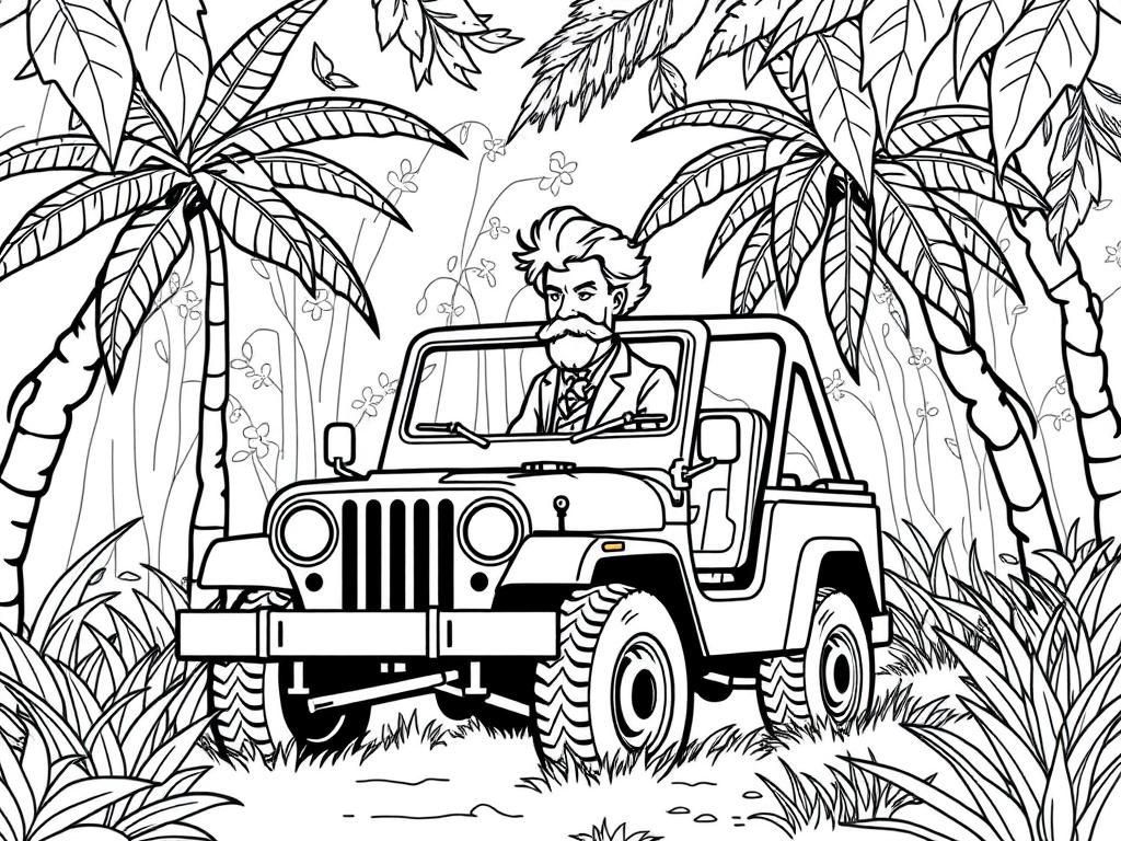 Tropical Jungle Jeep Ride Coloring Page